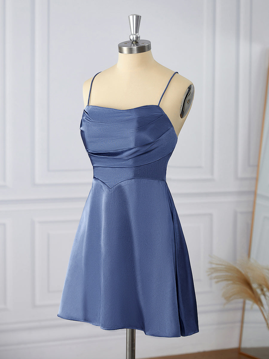 Prom Dresses Shop, A-line Silk Like Satin Spaghetti Straps Pleated Short/Mini Dress