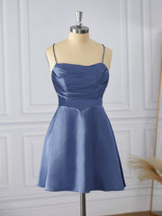 Prom Dresse Long, A-line Silk Like Satin Spaghetti Straps Pleated Short/Mini Dress