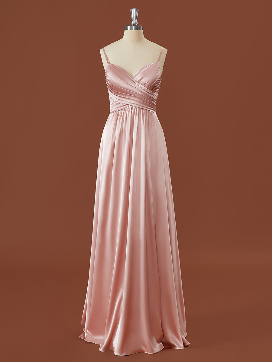 Party Dress For Baby, A-line Silk Like Satin V-neck Pleated Floor-Length Bridesmaid Dress