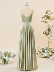 Party Dress Size 86, A-line Silk Like Satin V-neck Pleated Floor-Length Bridesmaid Dress