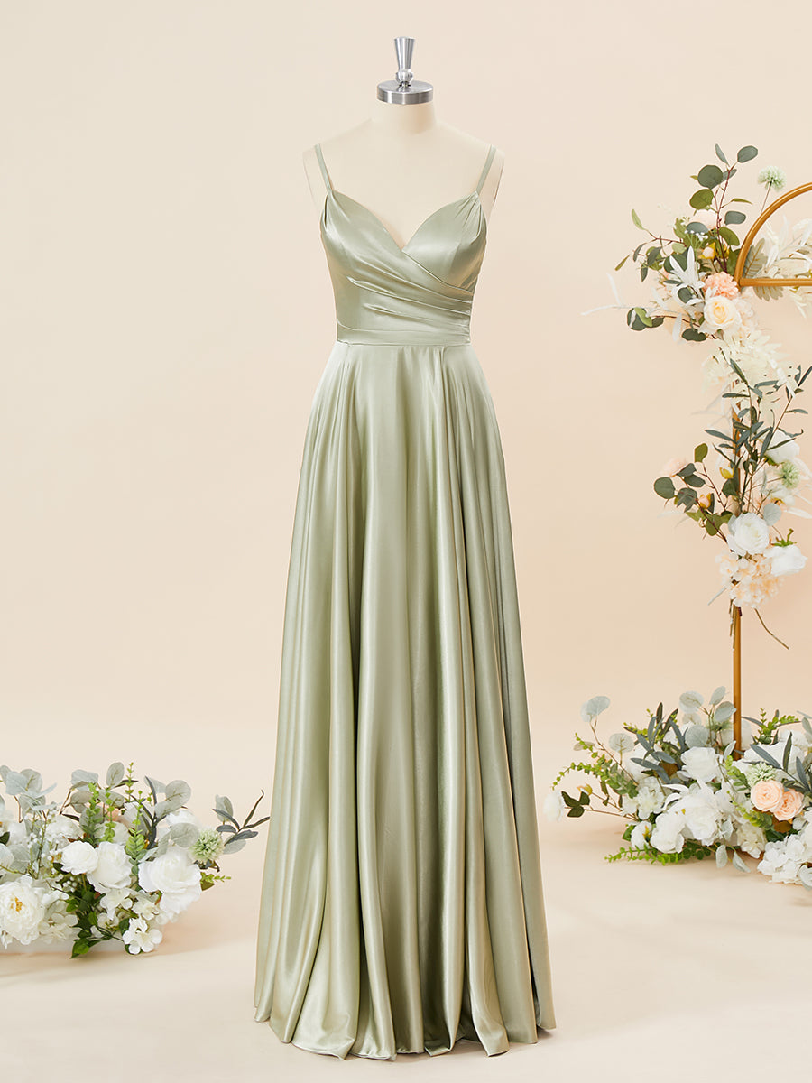 Party Dress Size 90, A-line Silk Like Satin V-neck Pleated Floor-Length Bridesmaid Dress