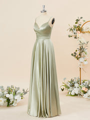 Party Dresses Size 27, A-line Silk Like Satin V-neck Pleated Floor-Length Bridesmaid Dress