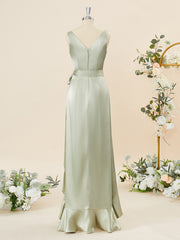 Formal Dresses Shops, A-line Silk Like Satin V-neck Ruffles Asymmetrical Bridesmaid Dress