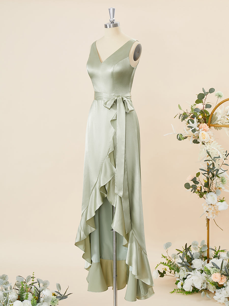 Formal Dress Shop, A-line Silk Like Satin V-neck Ruffles Asymmetrical Bridesmaid Dress