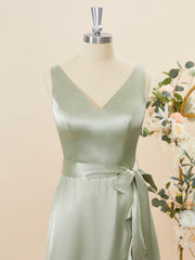 Formal Dress Shops, A-line Silk Like Satin V-neck Ruffles Asymmetrical Bridesmaid Dress