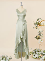 Formal Dress On Sale, A-line Silk Like Satin V-neck Ruffles Asymmetrical Bridesmaid Dress