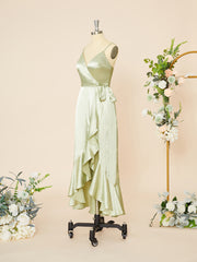 Bridesmaids Dress Chiffon, A-line Silk Like Satin V-neck Ruffles Asymmetrical Dress