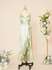 Bridesmaid Dresses Tulle, A-line Silk Like Satin V-neck Ruffles Asymmetrical Dress