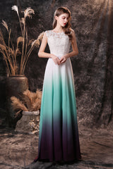 Party Dress Wedding, A Line Sleeveless Appliques Ombre Silk Like Satin Floor Length Prom Dresses