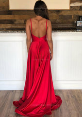 Homecomeing Dresses Long, A-line Sleeveless Court Train Satin Prom Dress With Pleated Split