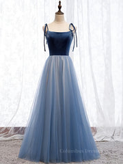 Floral Dress, A Line Sleeveless Floor Length Blue Prom Dresses, Blue Long Formal Bridesmaid Evening Dresses