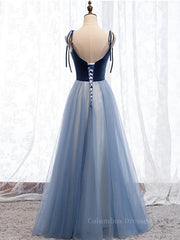 Yellow Prom Dress, A Line Sleeveless Floor Length Blue Prom Dresses, Blue Long Formal Bridesmaid Evening Dresses