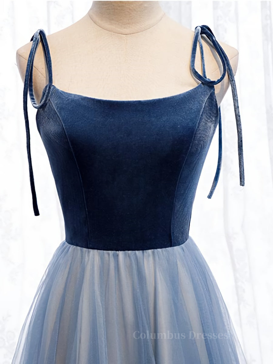 Vintage Prom Dress, A Line Sleeveless Floor Length Blue Prom Dresses, Blue Long Formal Bridesmaid Evening Dresses