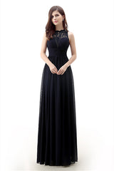 Winter Formal Dress Short, A Line Sleeveless Lace Chiffon Long Black Prom Dresses