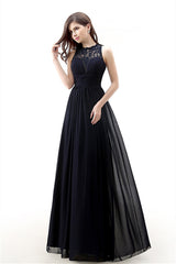 Prom Dress Ideas, A Line Sleeveless Lace Chiffon Long Black Prom Dresses