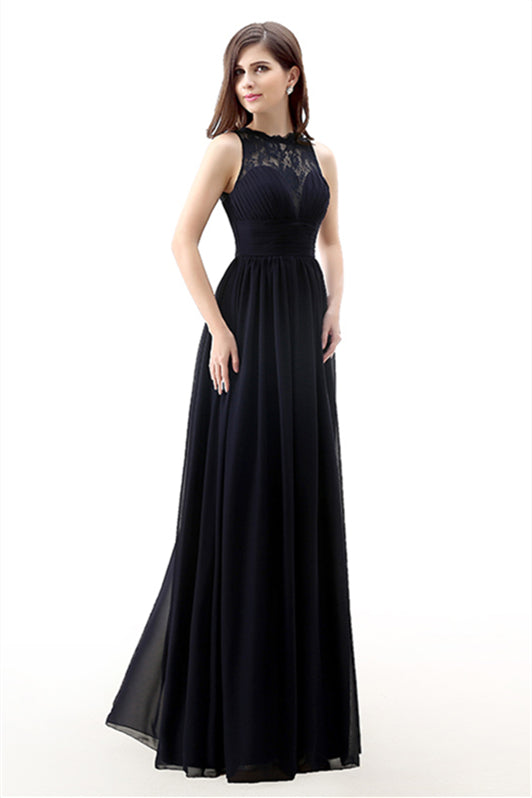 Prom Dress Blue, A Line Sleeveless Lace Chiffon Long Black Prom Dresses