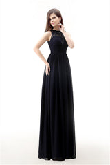 Night Dress, A Line Sleeveless Lace Chiffon Long Black Prom Dresses