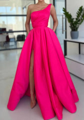 Flowy Prom Dress, A-line Sleeveless One-Shoulder Long/Floor-Length Satin Prom Dress With Split Ruffles Pockets
