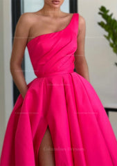 Dream Dress, A-line Sleeveless One-Shoulder Long/Floor-Length Satin Prom Dress With Split Ruffles Pockets