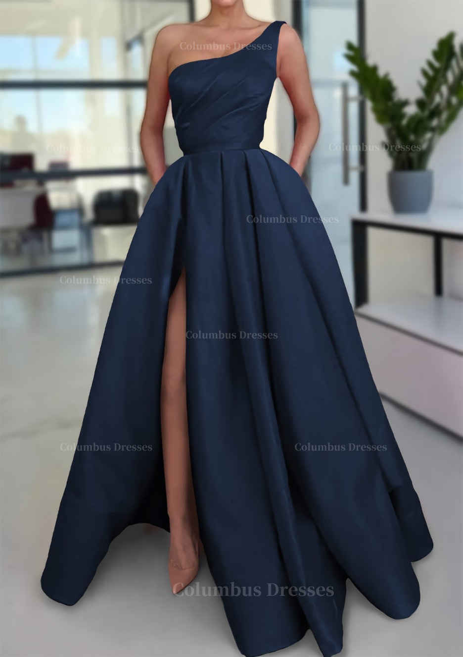 Elegant Dress For Women, A-line Sleeveless One-Shoulder Long/Floor-Length Satin Prom Dress With Split Ruffles Pockets