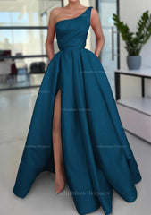 Long Dress Outfit, A-line Sleeveless One-Shoulder Long/Floor-Length Satin Prom Dress With Split Ruffles Pockets