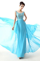 Short Formal Dress, A-line Sleeves Chiffon Lace Backless Long Prom Dresses