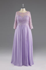 Bridesmaid Dress Trends, Lilac A-Line 3/4 Sleeves Scoop Lace Prom Dress