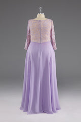 Bridesmaids Dresses Color, Lilac A-Line 3/4 Sleeves Scoop Lace Prom Dress