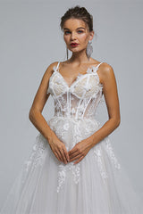 Wedding Dresses Elegant Simple, A-Line Spaghetti Strap Sweetheart Tulle Applique Floor-Length Sleeveless Wedding Dresses