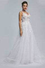 Wedding Dress Elegant Simple, A-Line Spaghetti Strap Sweetheart Tulle Applique Floor-Length Sleeveless Wedding Dresses