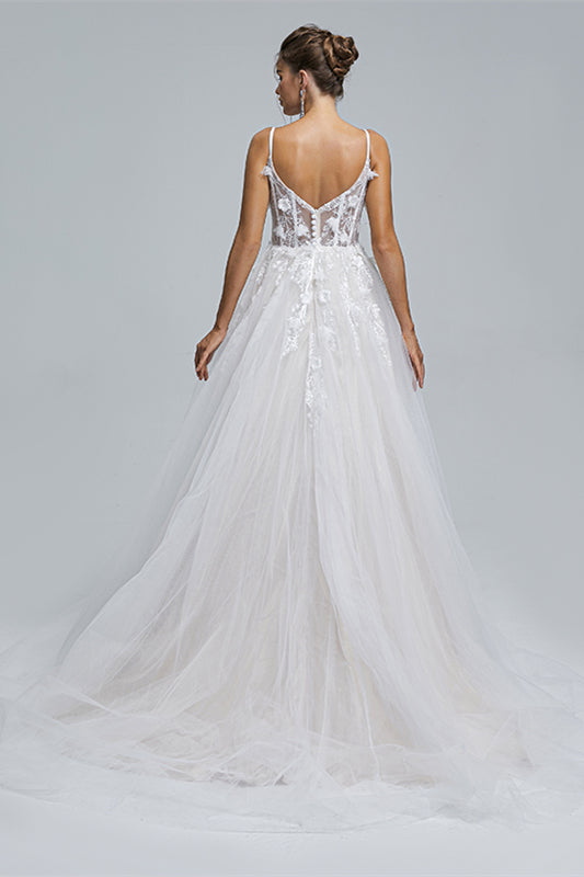 Wedding Dress Under 5008, A-Line Spaghetti Strap Sweetheart Tulle Applique Floor-Length Sleeveless Wedding Dresses