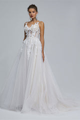 Wedding Dress Back, A-Line Spaghetti Strap Sweetheart Tulle Applique Floor-Length Sleeveless Wedding Dresses