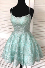 Prom Dresses 2061 Cheap, A-Line Spaghetti Straps Backless Mint Green Lace Short Prom Dress, Backless Mint Green Lace Formal Graduation Homecoming Dress