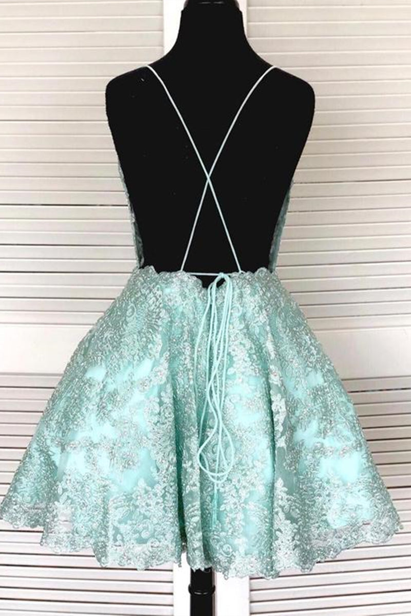 Prom Dresses Ballgown, A-Line Spaghetti Straps Backless Mint Green Lace Short Prom Dress, Backless Mint Green Lace Formal Graduation Homecoming Dress