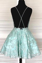 Prom Dresses Ballgown, A-Line Spaghetti Straps Backless Mint Green Lace Short Prom Dress, Backless Mint Green Lace Formal Graduation Homecoming Dress