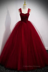 Party Dresses Fall, A Line Spaghetti Straps Beaded Burgundy Tulle Long Prom Dresses, Long Burgundy Formal Evening Dresses