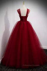 Party Dress For Ladies, A Line Spaghetti Straps Beaded Burgundy Tulle Long Prom Dresses, Long Burgundy Formal Evening Dresses