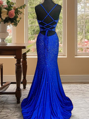 Prom Dresses Light Blue, A-line Spaghetti Straps Beading Sweep Train Silk Like Satin Dress