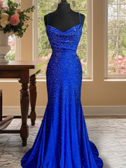 Prom Dress Blue Lace, A-line Spaghetti Straps Beading Sweep Train Silk Like Satin Dress
