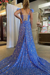 A Line Spaghetti Straps Blue Sequins Long Prom Dress with Feathers