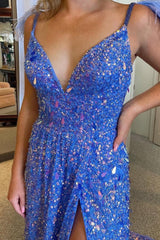 A Line Spaghetti Straps Blue Sequins Long Prom Dress with Feathers