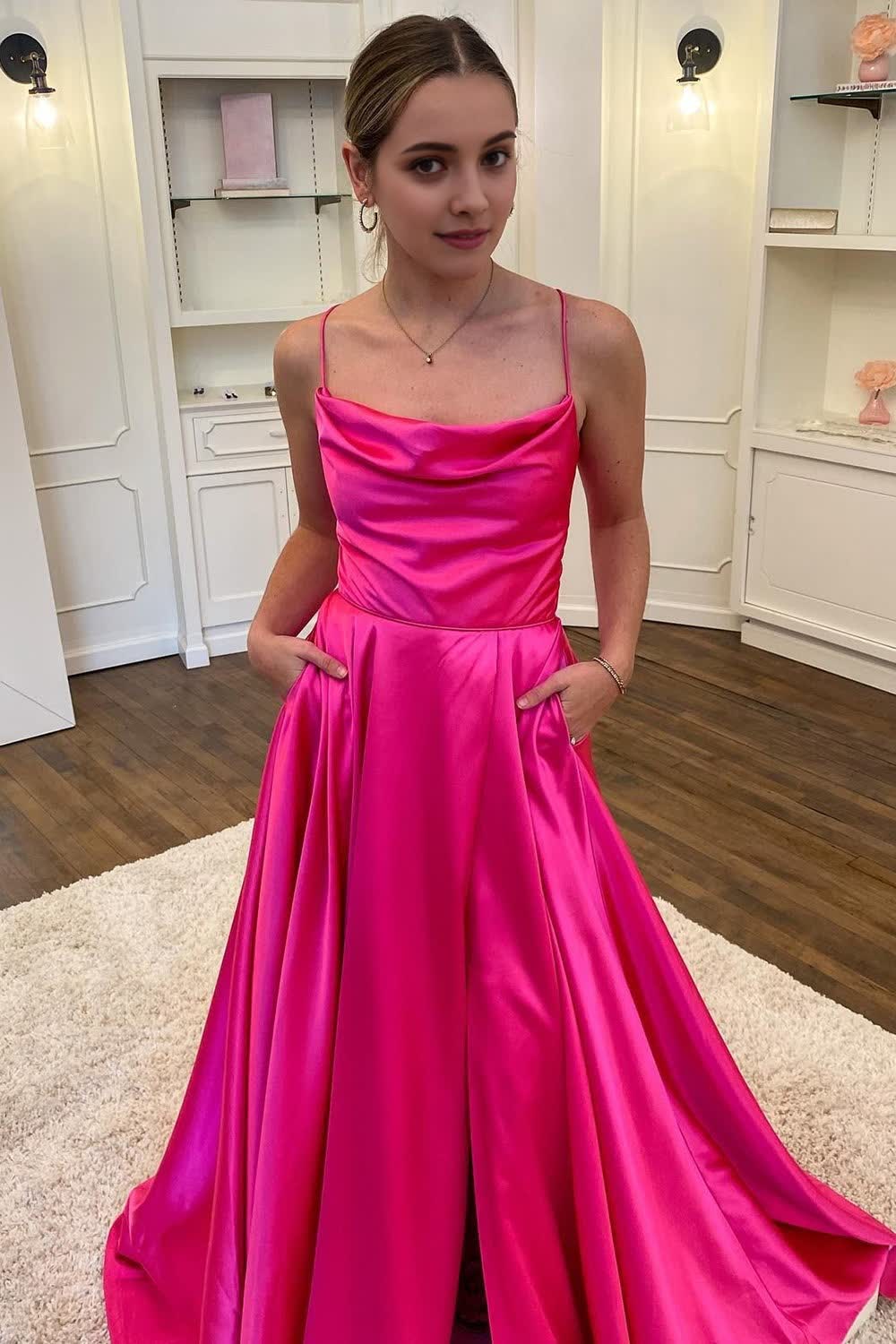 A Line Spaghetti Straps Hot Pink Long Prom Dress with Split Front