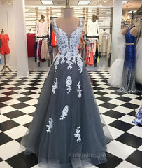 Homecoming Dress Websites, A Line Spaghetti Straps Lace Grey Tulle Long Prom Dress, Grey Formal Bridesmaid Dress, Evening Dress