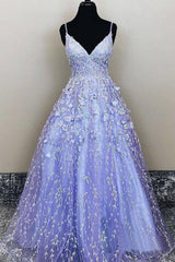 Bridesmaids Dresses Idea, Lavender Spaghetti Straps Lace Floral A-line Formal Gowns Long Prom Dresses