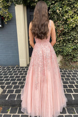 A Line Spaghetti Straps Light Pink Long Prom Dress with Appliques