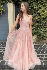 A Line Spaghetti Straps Light Pink Long Prom Dress with Appliques
