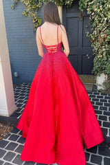 A Line Spaghetti Straps Red Long Prom Dress with Beading