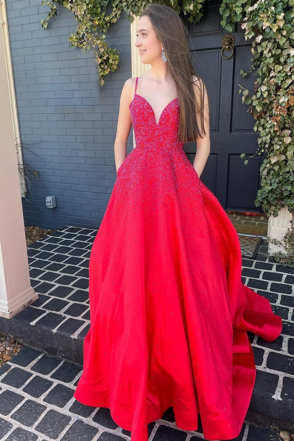 A Line Spaghetti Straps Red Long Prom Dress with Beading