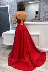 A Line Spaghetti Straps Red Long Prom Dress with Split Front