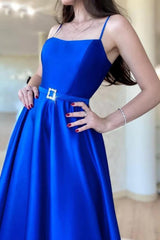 A Line Spaghetti Straps Royal Blue Long Prom Dress with Split Front